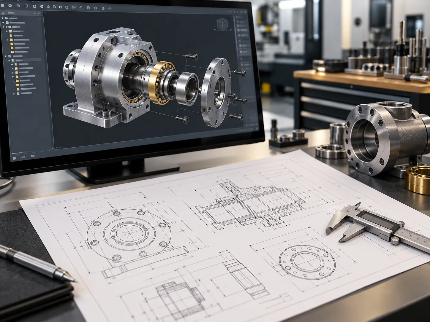 A mechanical CAD assembly and engineering drawing beside a caliper