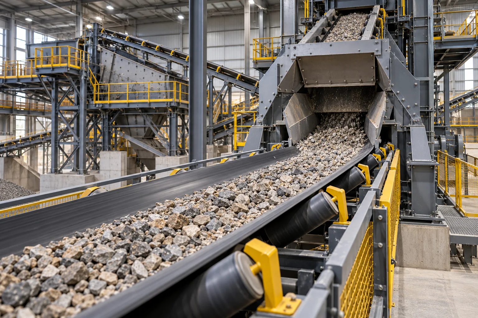 Aggregate conveyor carrying crushed stone toward a transfer chute in a processing plant