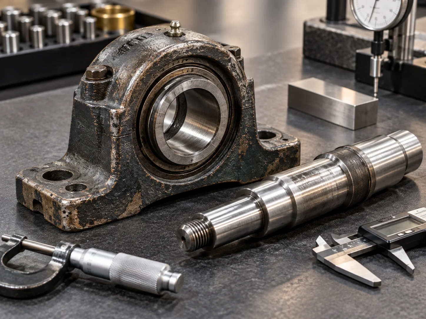 An industrial bearing housing and machined shaft on an inspection bench