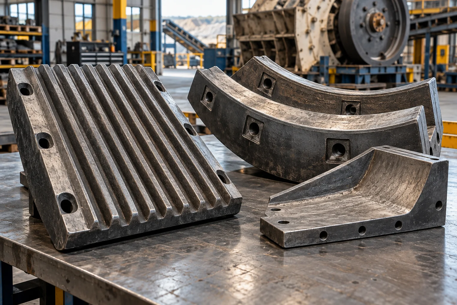 Crusher jaw plate and replaceable wear liners arranged on an inspection table